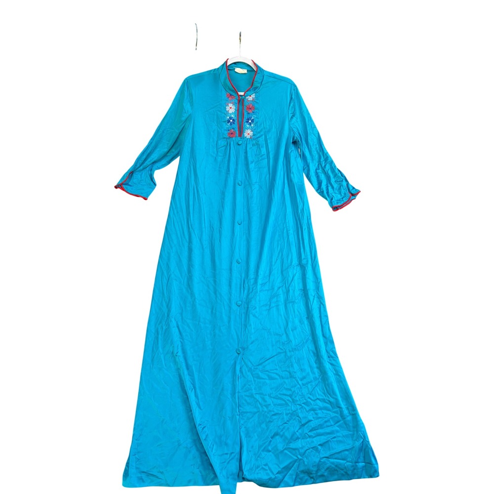 Vintage JCPenney Turquoise Blue Floral Embroidered Button Front Robe Gown Medium